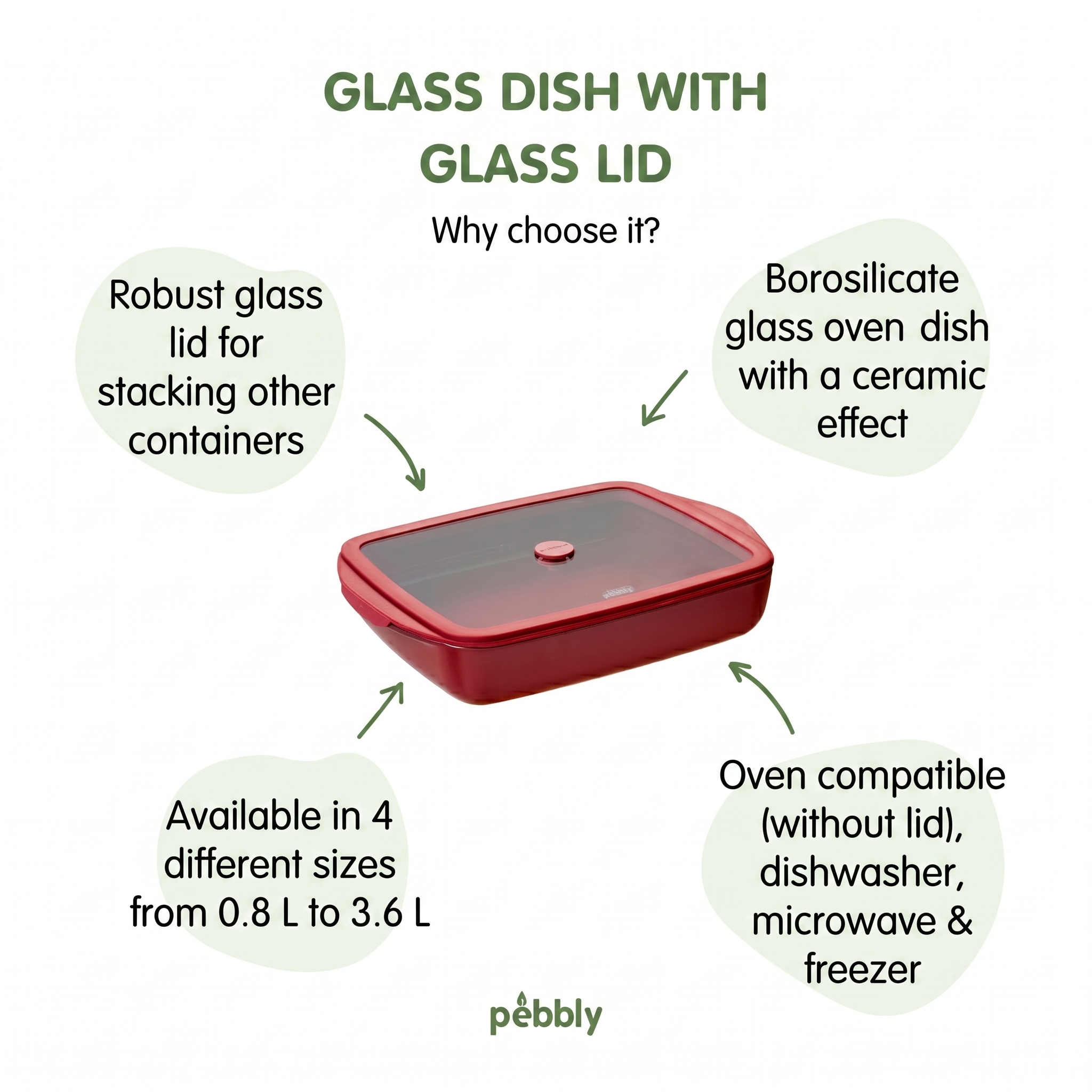 Square Glass Oven Dish with Lid – 1.6L Garnet Red