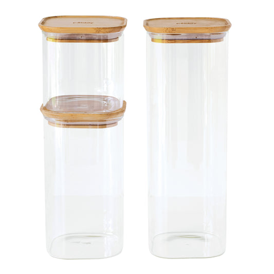 Glass storage containers with Bamboo Lid M+L+XL Square