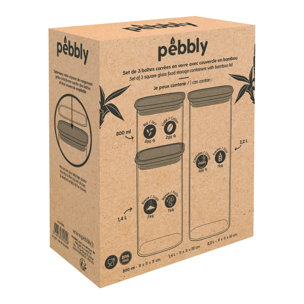 Glass storage containers with Bamboo Lid M+L+XL Square