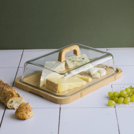 Cheese Box / Platter (Glass & Bamboo) with Handle