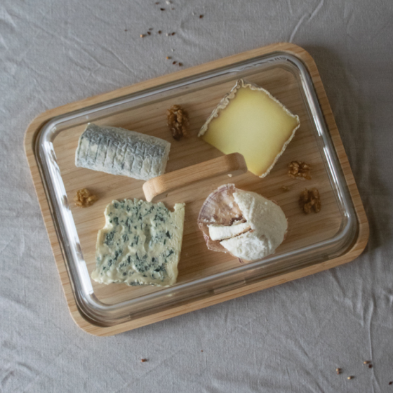 Cheese Box / Platter (Glass & Bamboo) with Handle